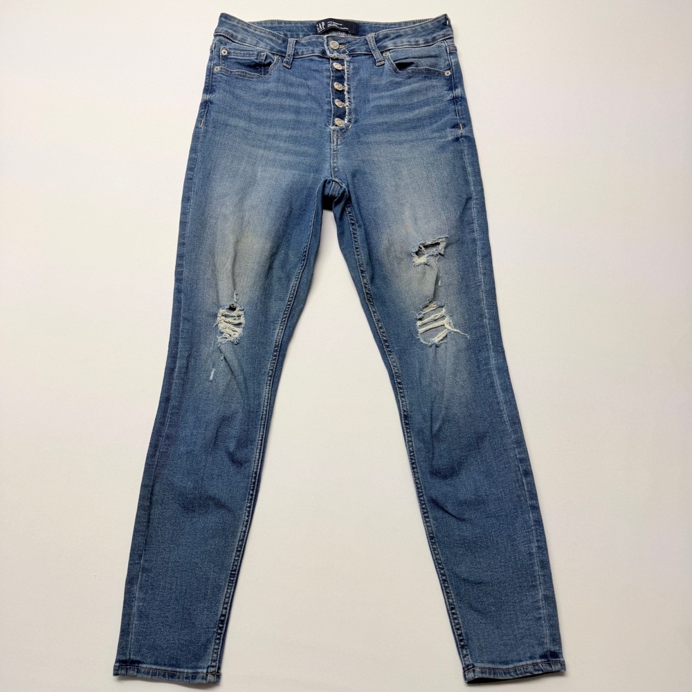 Gap Denim High Rise Universal Legging Jeans Blue Distressed Button Fly 10/30R